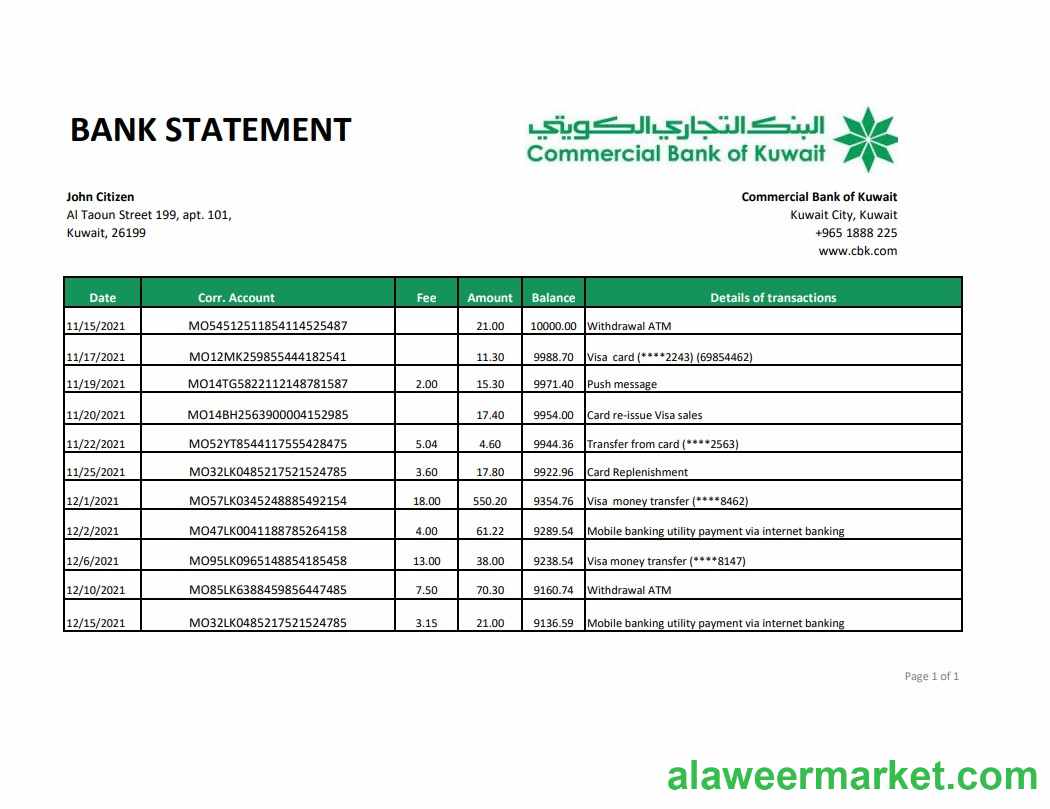 Kuwait Commercial Bank statement easy to fill template in .xls and .pdf file format
